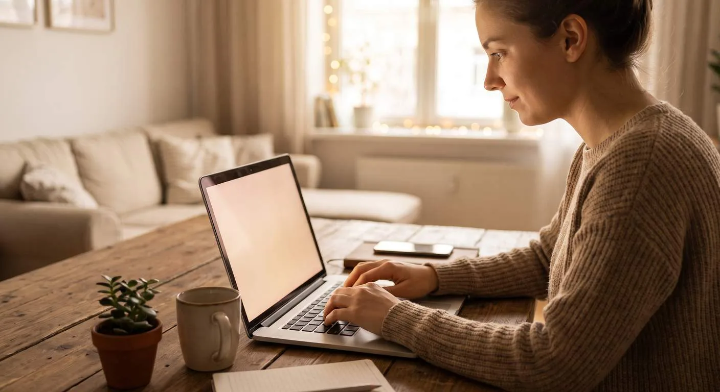 Business owner working on a laptop at a wood table at home