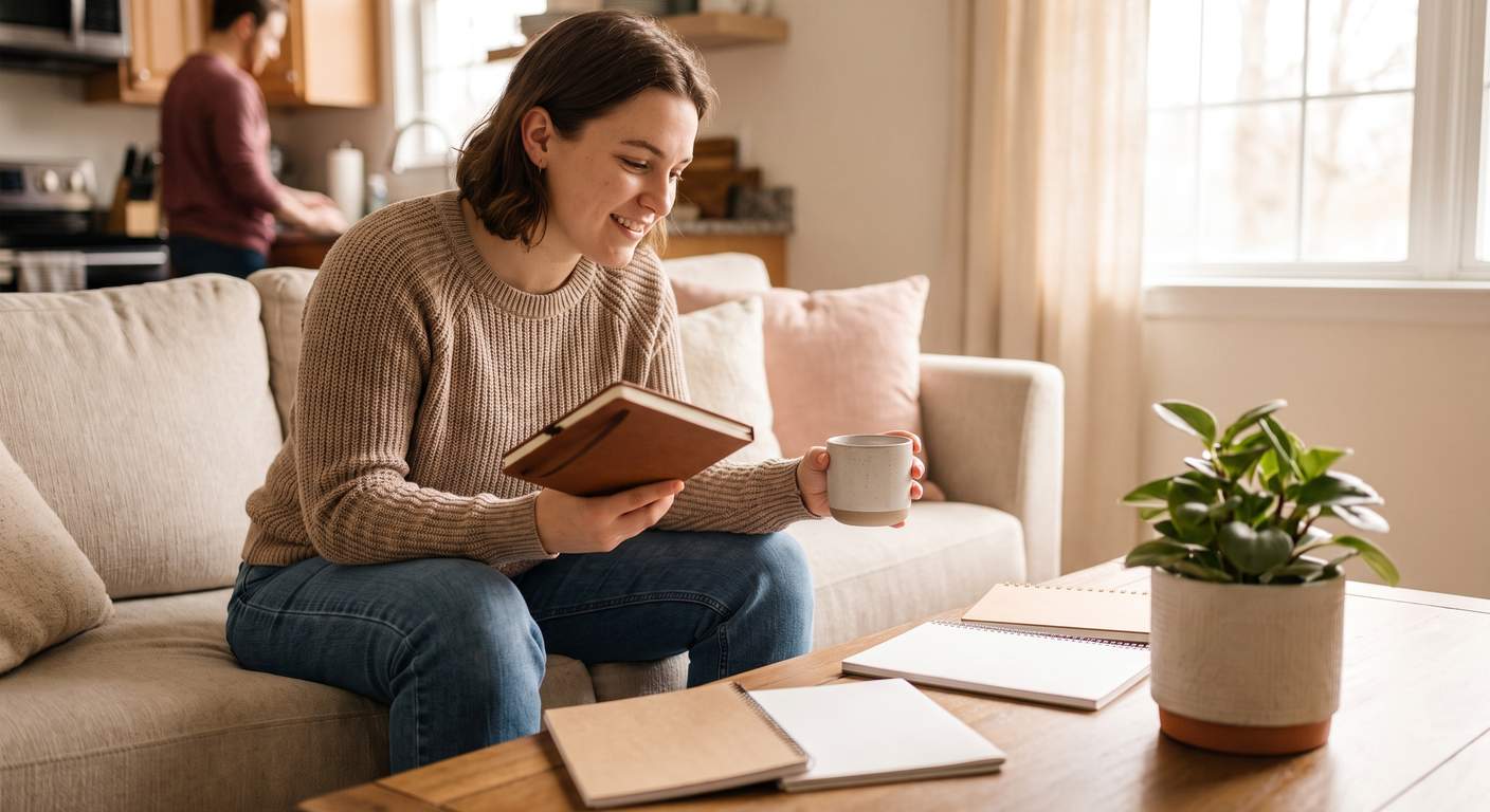 Business owner reviewing annual filing notes at home