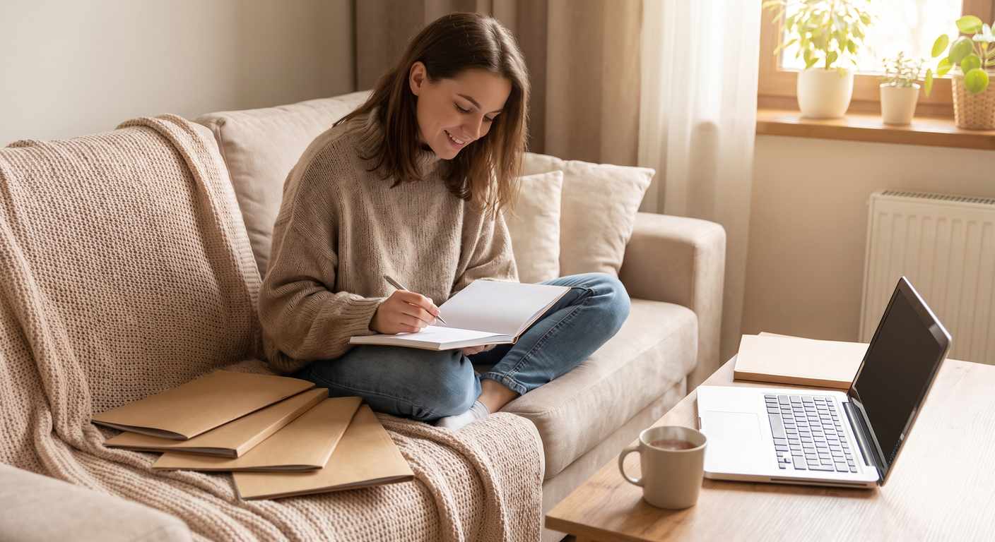 Business owner reviewing LLC paperwork and taking notes at home