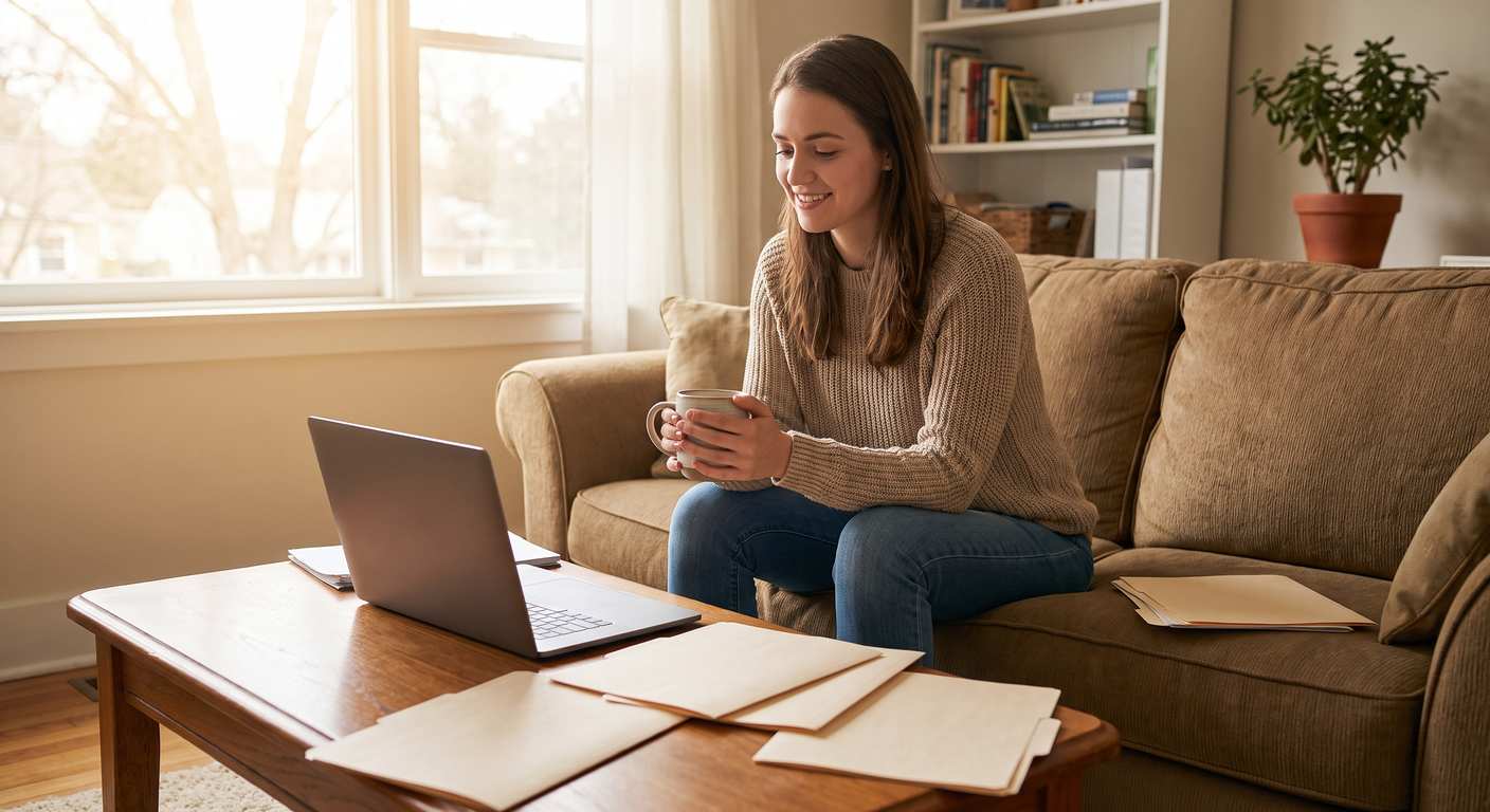 Founder working through IRS exemption paperwork with a laptop and file folders