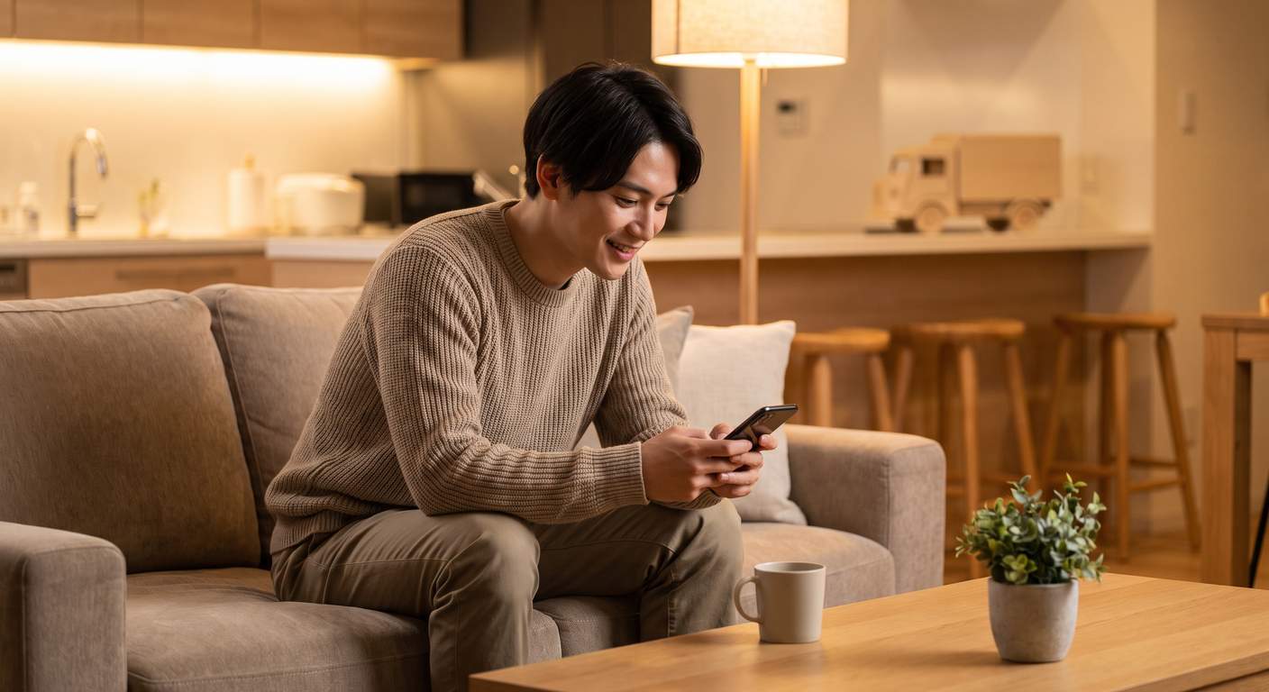Owner-operator checking his phone at home, with a toy delivery truck visible behind him
