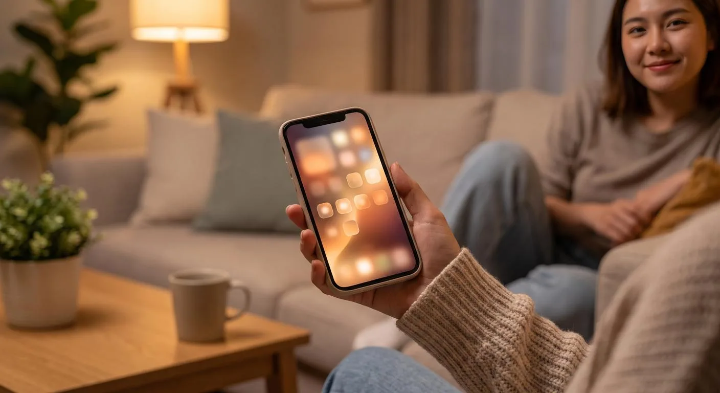 Home-based business owner checking her phone from her living room