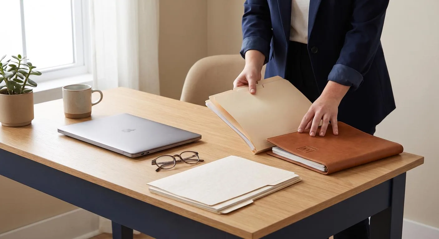 Business owner organizing operating agreement documents at a desk