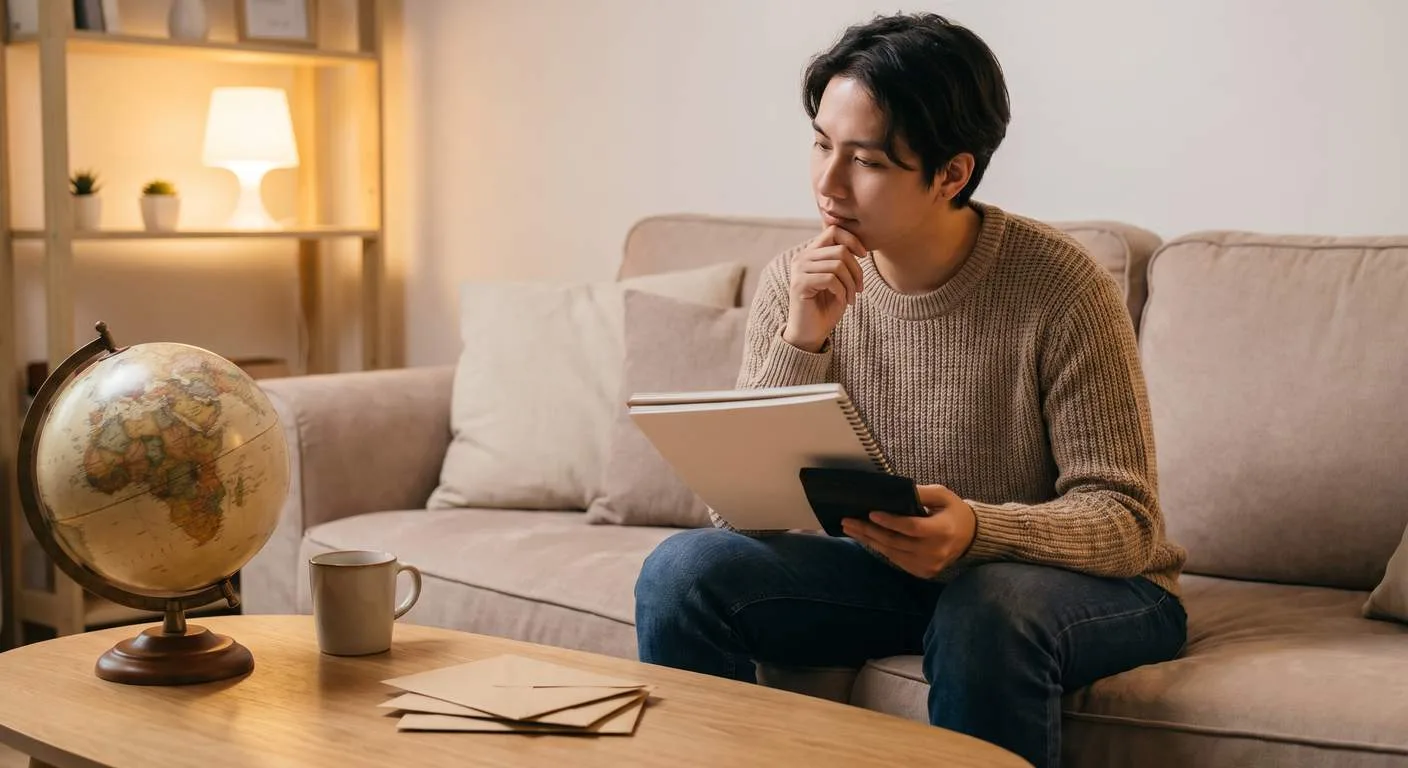 Founder planning a home based travel agency at a coffee table with a globe and notebook