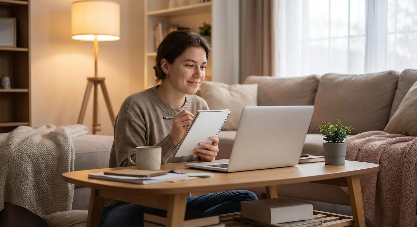 Home-based online seller reviewing business paperwork beside a laptop