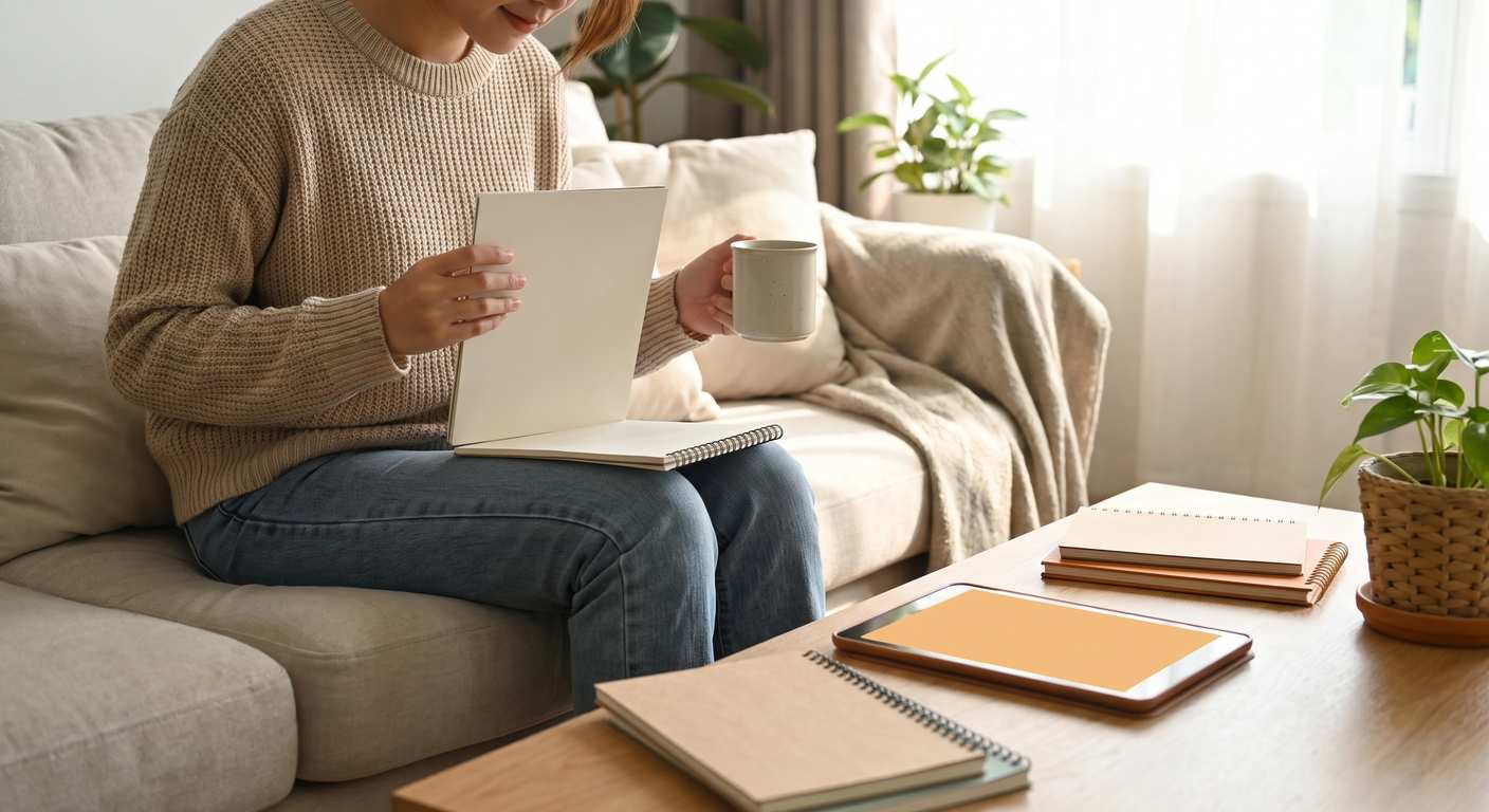 Host reviewing rental paperwork with a laptop and notebooks at home