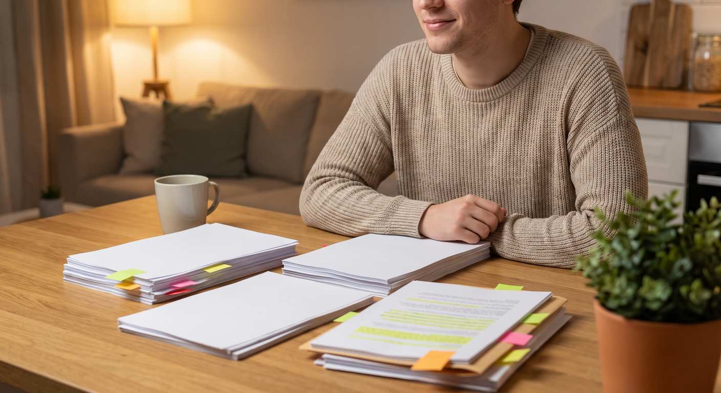 Business filing documents sorted into tabbed folders on a desk