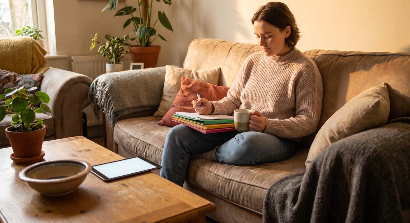 Owner reviewing filing documents at home