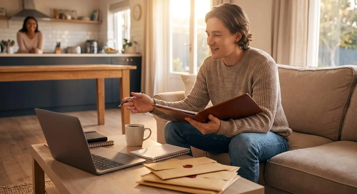 Business owner reviewing DBA registration documents at home