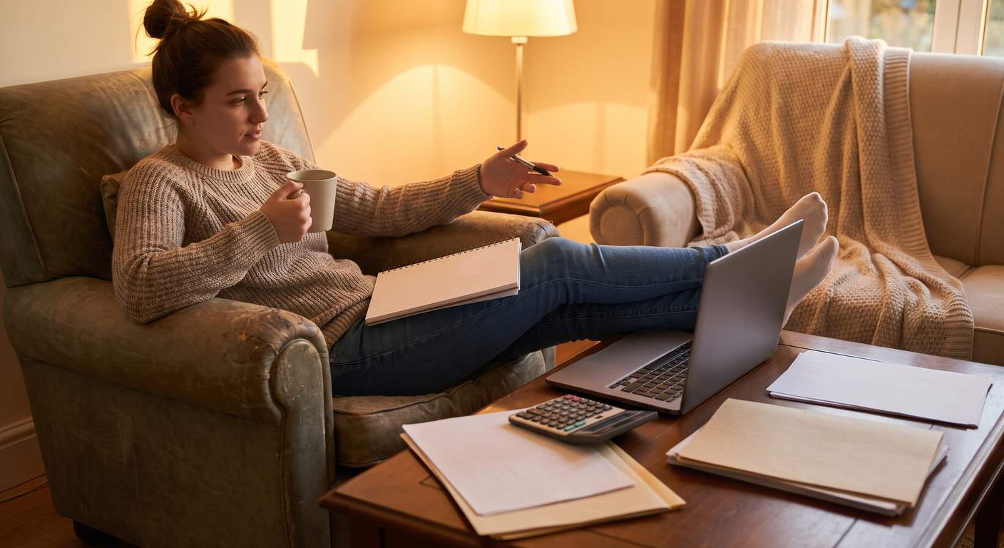 Business owner comparing entity types with a laptop and notebook at home