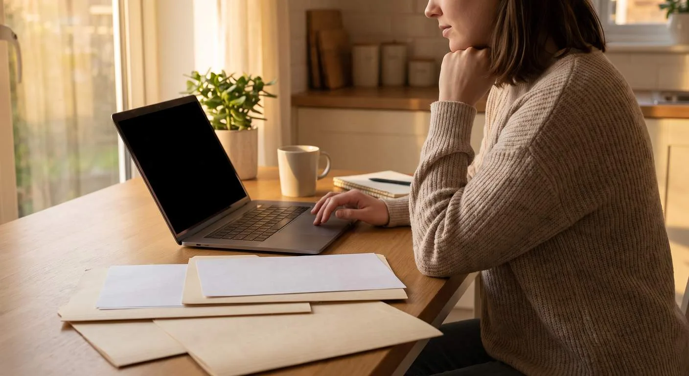 Filing paperwork laid out beside a laptop before submitting to the state