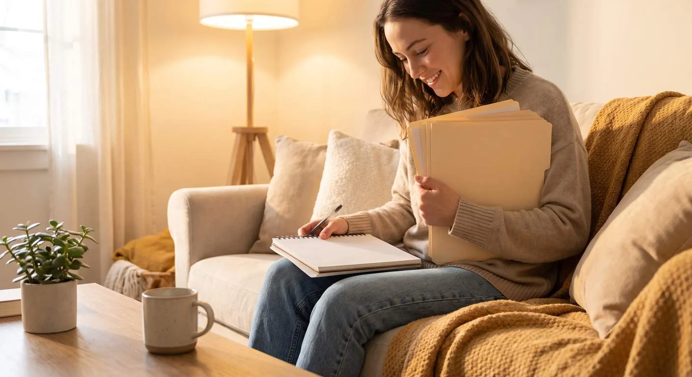 Property owner reviewing real estate documents and folders at home