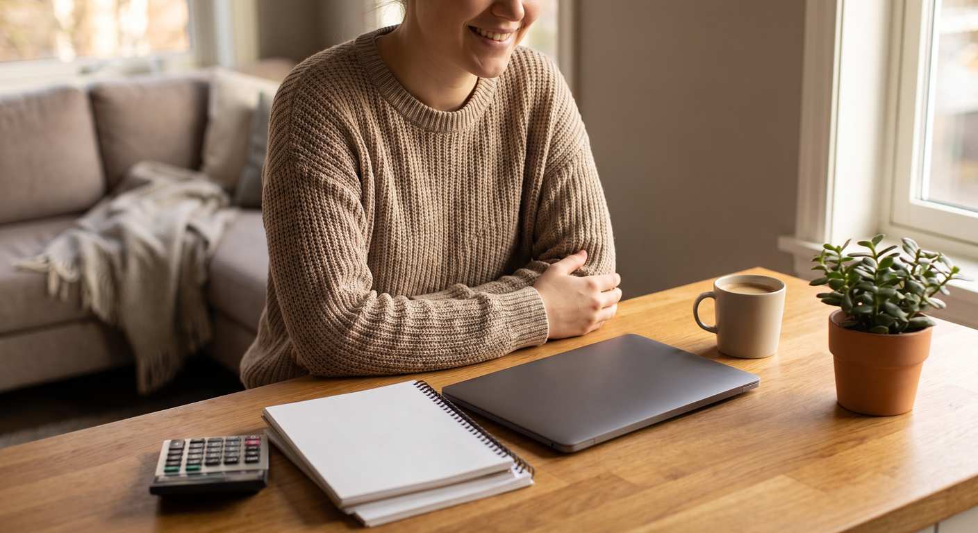 Home based travel advisor working at a laptop with notes and a calculator