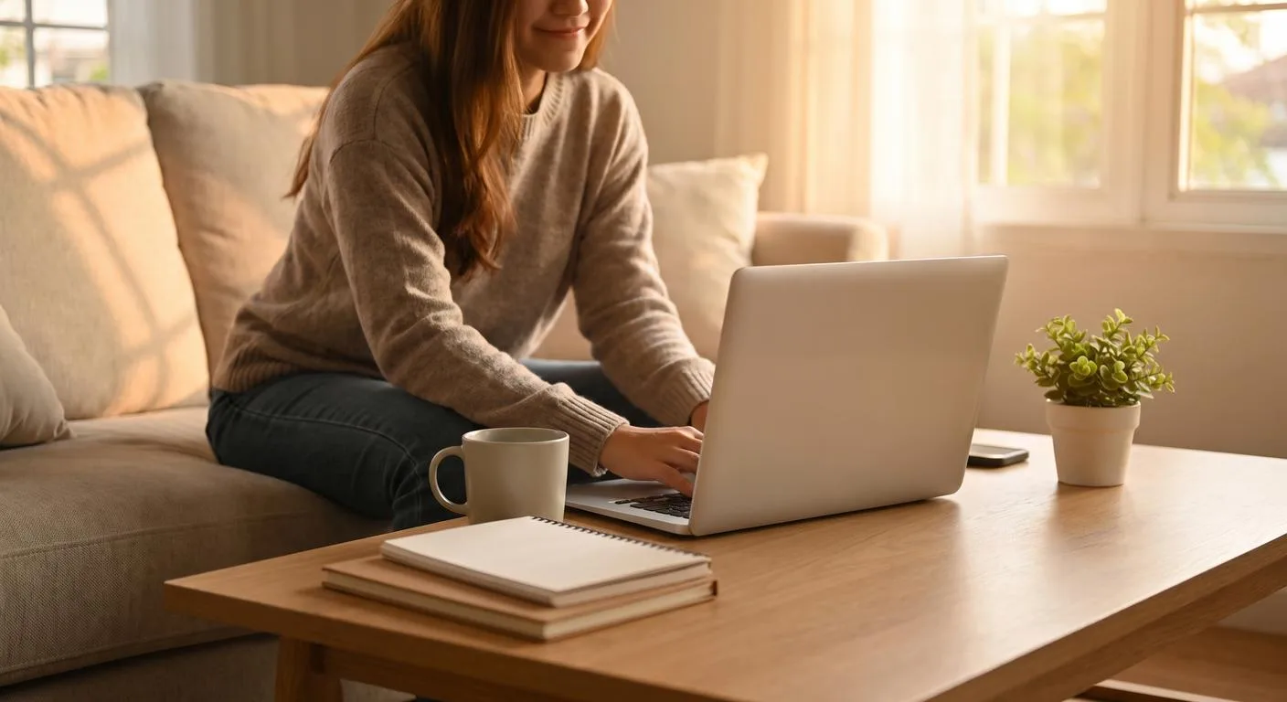 Business owner working on a laptop with notebooks and coffee at home