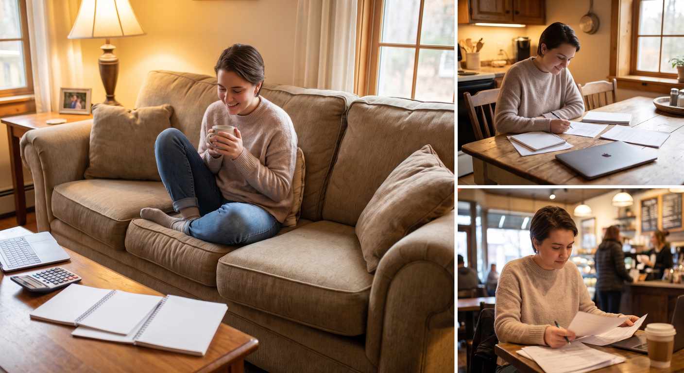 Landlord reviewing rental property paperwork at a home desk
