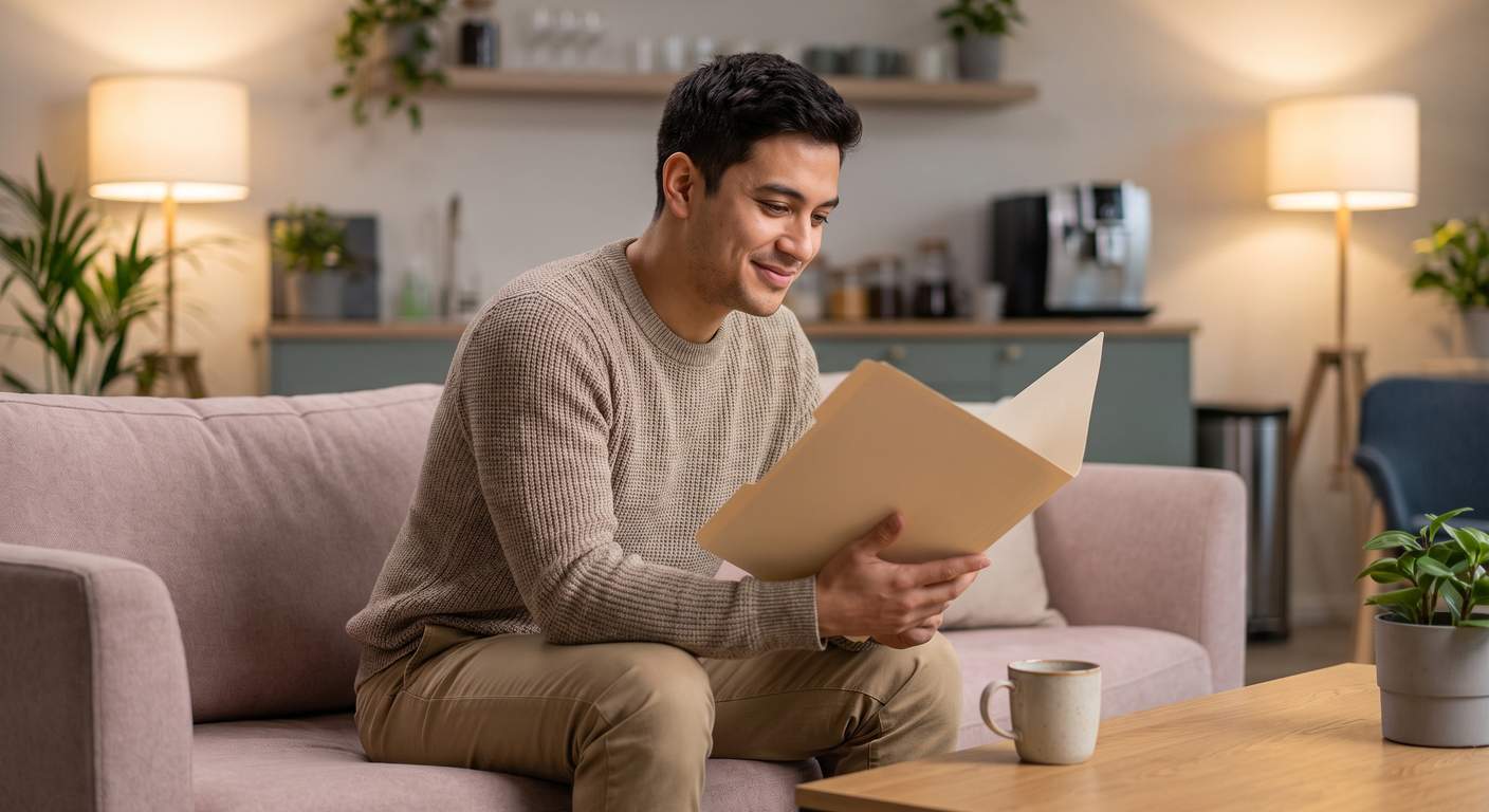 Trucking business owner reviewing formation paperwork at home