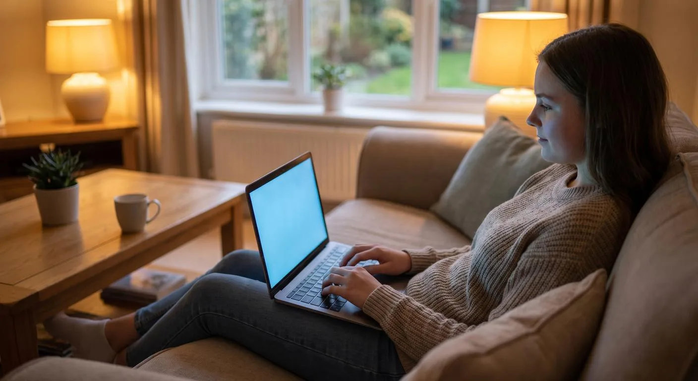 Photographer working on business admin from a home sofa with a laptop