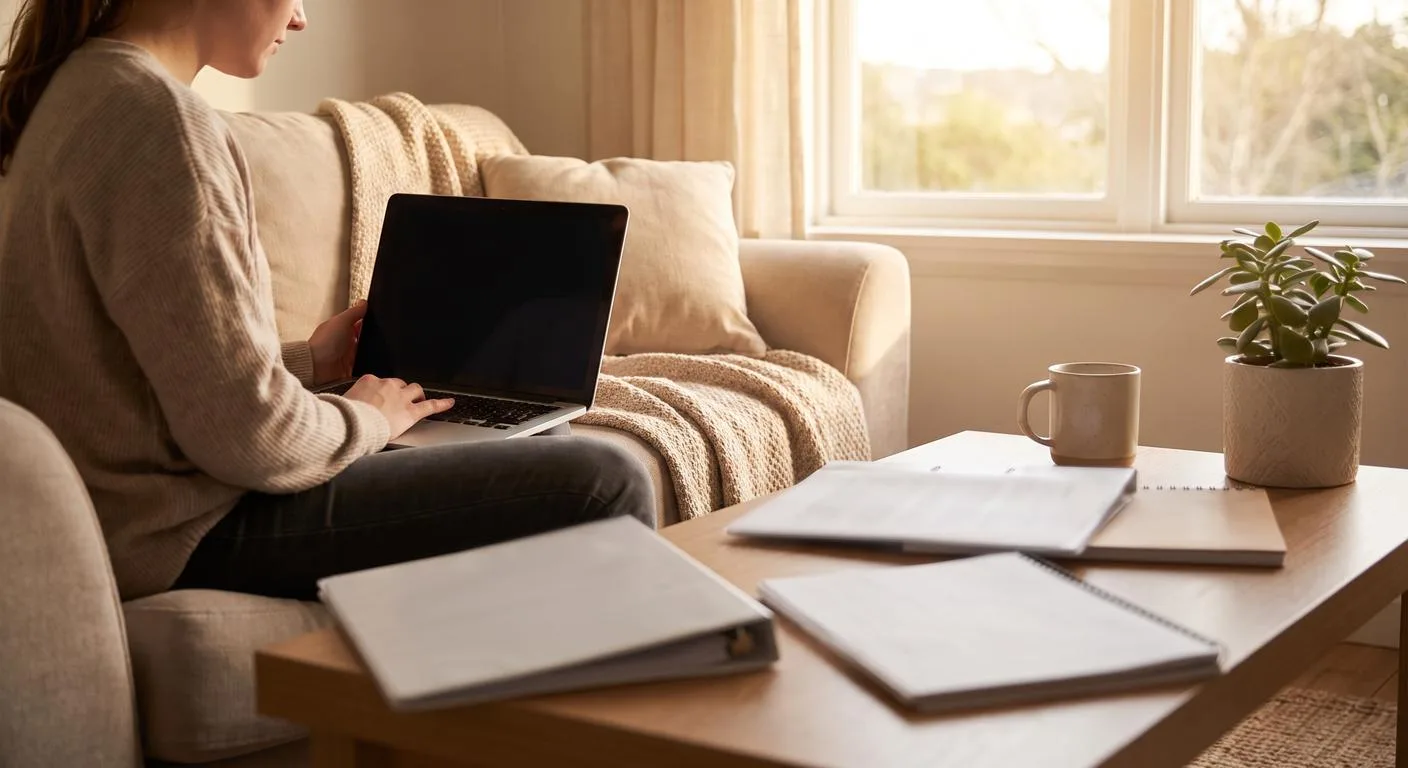 Laptop and paperwork on a desk in a home office