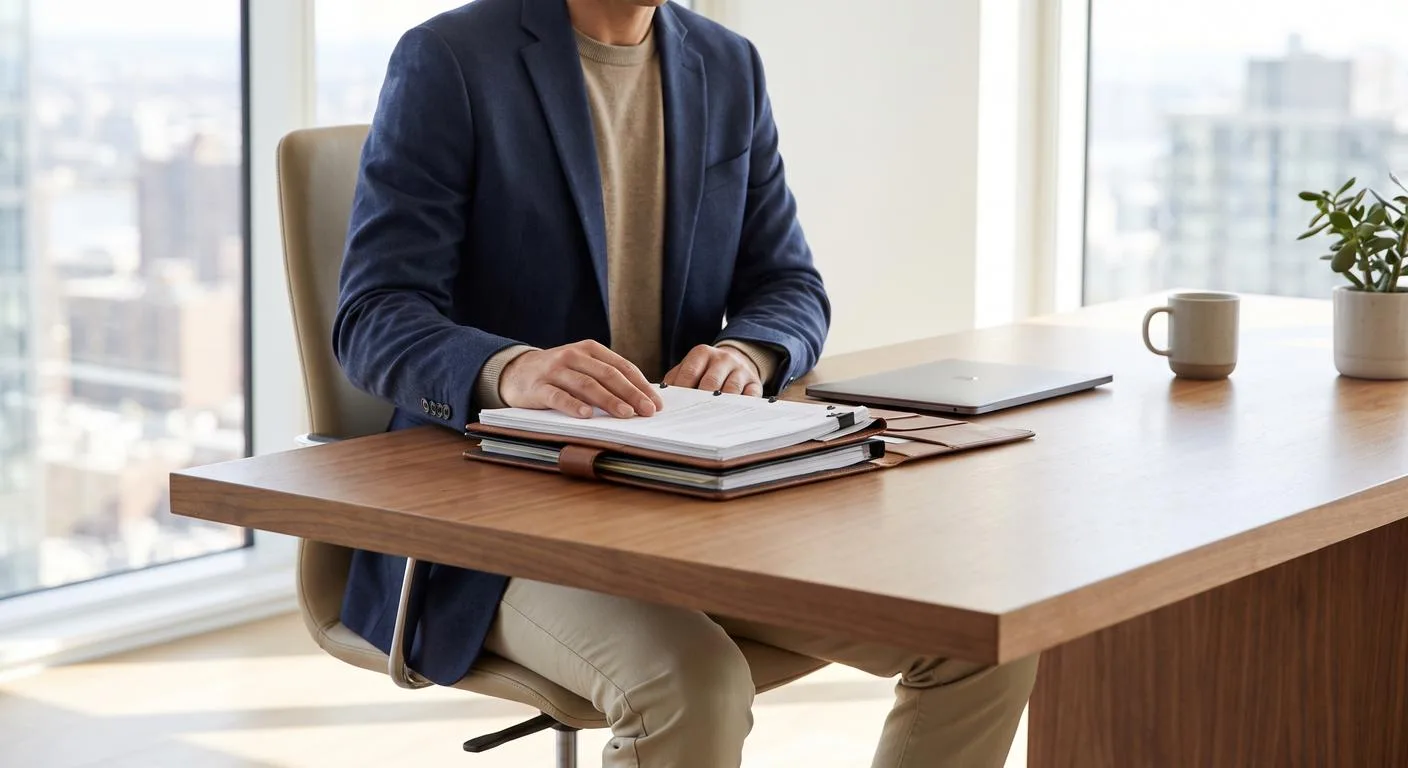 Business owner reviewing a signed operating agreement at a desk