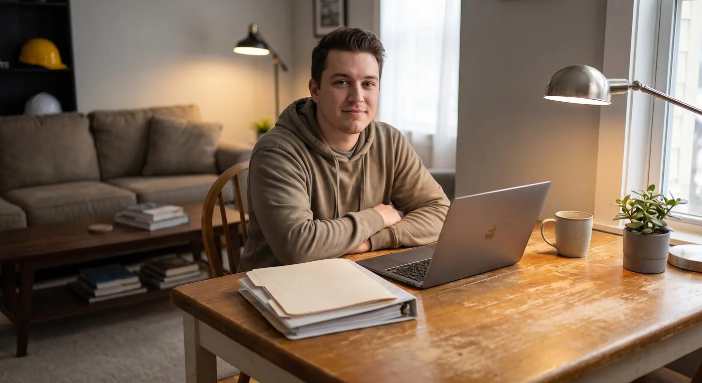 Trucking business owner reviewing formation paperwork at home