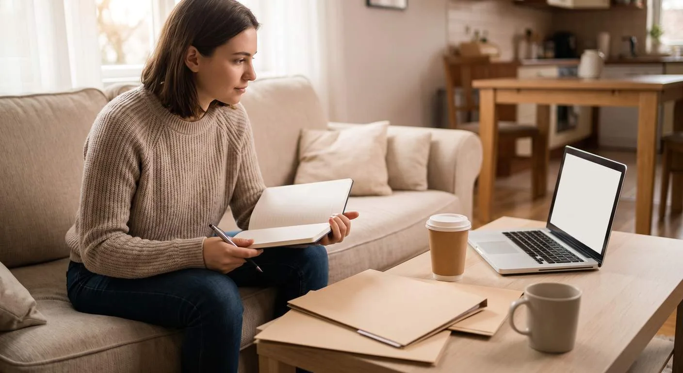 Business owner reviewing LLC records and taking notes at home