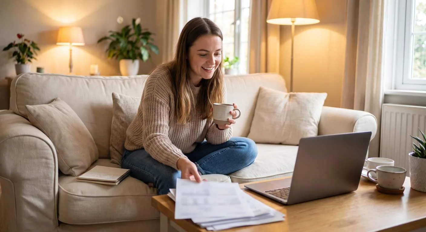 Small business owner reviewing tax paperwork at home with a laptop