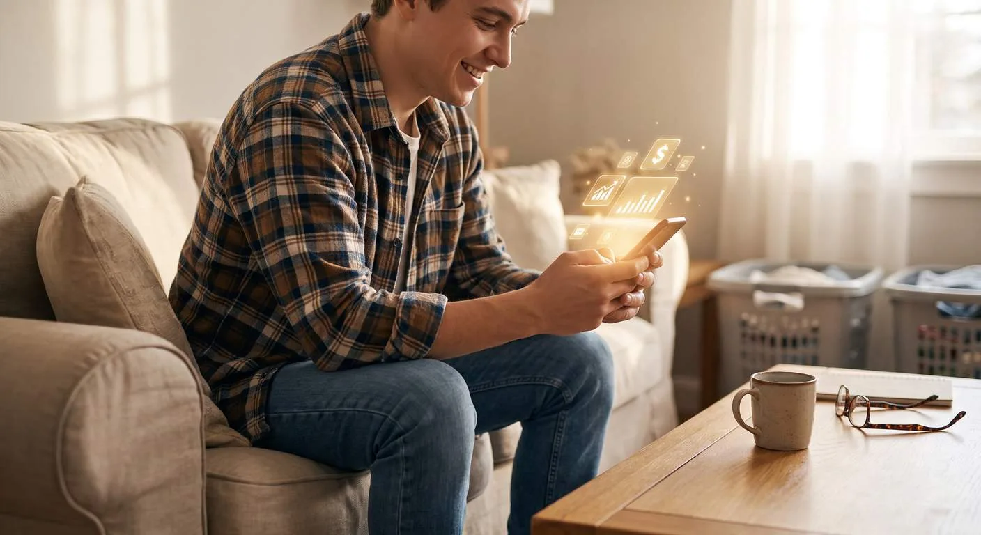 Business owner reviewing figures on a phone beside laundry baskets