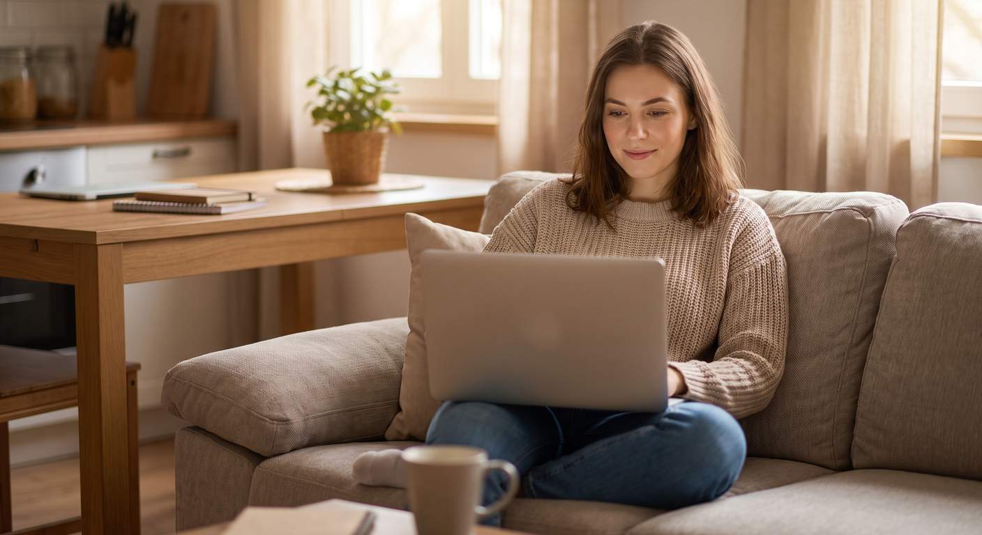 Woman working on a laptop on a couch at home while running a home-based business