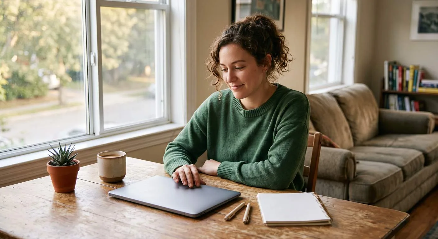Business owner working from a home-office table with a laptop and notebook